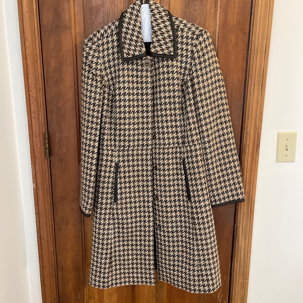 Vintage Coach Brown Herringbone Tweed Leather Trim Wool Snap Long Coat and hat